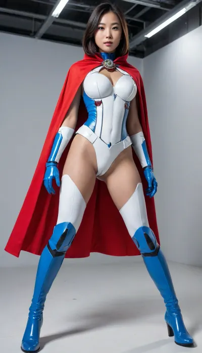 Asian, Cyborg, powegirl, white-cosume-Red-cape-blue-boots-and-gloves, full body view, 18-year-old, petite, big breasts, facing viewer, clear background.