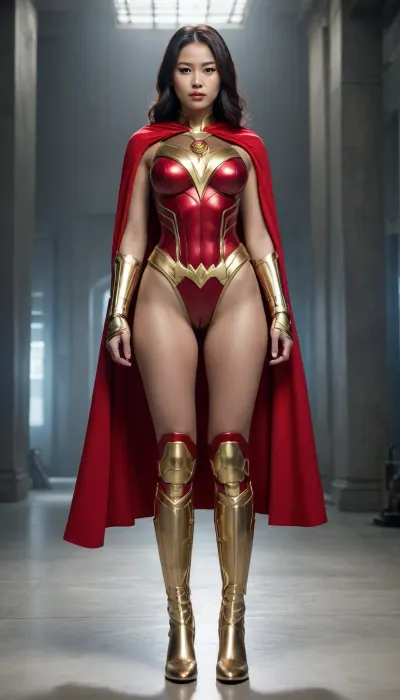 Asian, Cyborg, Shazam, red-cosume-wite-cape-Gold-boots-and-braslet, full body view, 18-year-old, petite, big breasts, facing viewer, clear background.