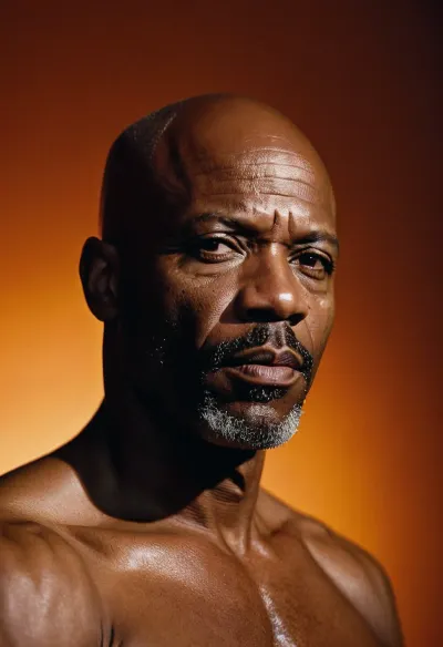 man, 55 years old, afro, black, bald, athletic, big dick