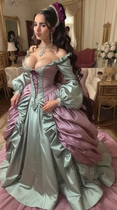 (((A mature and arrogant rich girl))), (extravagant colourful puffy and frilly 1700’s era satin silk ball gown), milf, busty, huge ass, huge breasts, slim skinny small waist, super model, silicone breast implants, enormously fake heavy tits, narrow waist, plump lips, low body fat, no makeup, multicoloured dress
