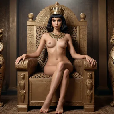 Cleopatra, the Egyptian queen, sits on a luxurious throne, completely naked, wearing only a crown, with a leopard at her feet