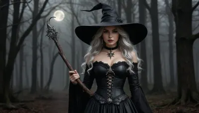 A highly realistic and detailed digital painting of a beautiful witch in a black leather dress with intricate lace-up details. She wears a large, bent witch's hat with a silver buckle. Her piercing eyes and long, wavy silver hair give her an enchanting look. She holds a mystical staff with a twisted wooden design and a glowing star-shaped ornament at the top. Her accessories include a black choker with a crescent moon pendant and matching star-shaped earrings. The background is a dark, foggy forest with eerie, twisted tree branches, creating a magical and mysterious atmosphere. Ultra-detailed, cinematic lighting, dark fantasy style