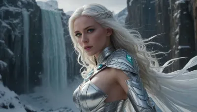 a stunning woman with piercing emerald green eyes, snow-white hair cascading down her back like a winter waterfall, clad in intricately designed, shimmering silver-white armor adorned with frosty blue accents, grasping a gleaming, crystalline ice sword that seems to radiate an intense, icy glow, standing heroically against a breathtaking backdrop of a snow-covered, mystical fantasy kingdom, with majestic, towering spires and grand, sweeping architecture, set amidst a swirling vortex of frosty winds and shimmering, ethereal mist, captured in a dynamic, cinematic camera shot that conveys a sense of power, strength, and regal authority.