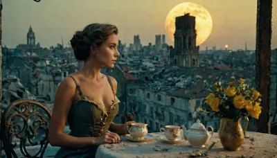 A post apocalyptic scene. It is a dark night on the rooftop garden of a skyscraper a beautiful young woman sits at a dinner table drinking tea from a fine china cup, a bouquet of flowers sit in an old chipped vase in the centre of the table. A large yellow moon hangs over the scene. The viewer can see a vast ruined futuristic city sprawls below, many of the buildings in the background have partly collapsed and are in ruins. Fires burn in many of the buildings casting an eirie light over the scene. The woman is wearing a threadbare and dirty old dress.

extremely detailed face and eyes.
The woman is wearing a threadbare and dirty old dress. Photorealistic, highly detailed, 4k, colourful.