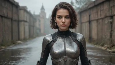 A woman warrior in an Assassin’s suit, with sleek leather armor that allows for swift movement. She has her hand on a short blade, ready to strike. They walk silently across the rooftops, their eyes set on their target.