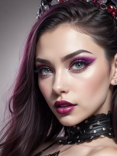 Hyperrealism, natural petite cutie, 18 years old beautiful, stunning unique female character. She has large turquoise eyes filled with joy and excitement, extravagant eyelashes, making this image a masterpiece of photography and digital art. Style, realistic hyper-detailed rendering, 32k UHD, expressive eyes, punk, graphic design, girl's face, pretty and cute, gleaming lips, white skin, r0m4nt1cg0th, red/purple, makeup, close-up, portrait, gothic, dark, red/purple/black, lipstick