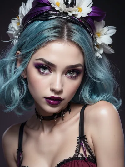 Hyperrealism, natural petite cutie, 18 years old beautiful, stunning unique female character. She has large turquoise eyes filled with joy and excitement, extravagant eyelashes, making this image a masterpiece of photography and digital art. Style, realistic hyper-detailed rendering, 32k UHD, expressive eyes, punk, graphic design, girl's face, pretty and cute, gleaming lips, white skin, r0m4nt1cg0th, red/purple, makeup, close-up, portrait, gothic, dark, red/purple/black, lipstick