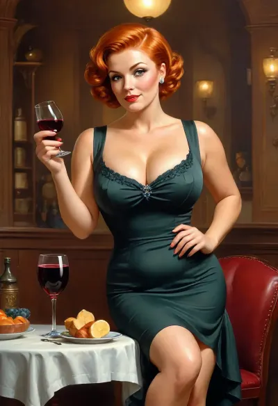 high-quality vintage poster, red wine advertisement, artistic style, Julie Bell style, Julie Bell technique, pretty 45-year-old headmistress, a woman with a small full figure, athletic plump figure, very sexy dress, sexy headmistress, glamorous woman, curvy athletic figure, ((ginger pixie-cut hair:1.8)), 1/4 angle view, angle from below, full-length, in a sexy headmistress costume from the 90s of the 20th century, prominent breasts, sexy legs, beautiful hands, holding a bottle of red wine, high detail, ultra realism, the quality of a mirrorless camera, the company's advertising poster, <lora:Chubby BBW - XL:.5>, <lora:PinupManiaXL_V1.0:.6>, <lora:tbh356-sdxl:.5>, <lora:293943_training_data:.9>