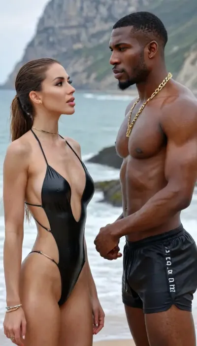 Sexy slim short petite brunette model in fashionable black full one piece swimsuit standing in front of her muscular athletic tall black boyfriend in black shorts at the french Mediterranean coastal beach for instagram photo, wet skin, front view, 34 year old, thin strappy choker, smooth skin, makeup, fillered glossy lips, high quality close up portrait, tanned skin, chechen girl, black man, long brown wet full hair with blonde highlights, bmbplora, african, chain, piercing, earring, blackandwhite, color, profile, shorts, tank, <lora:add-detail-xl:.6>, <lora:Realistic_People_V1:.6>, <lora:Sweaty_Realism_4-000006:.7>, <lora:bimboxl_02:.6>, <lora:338632_training_data:.7>