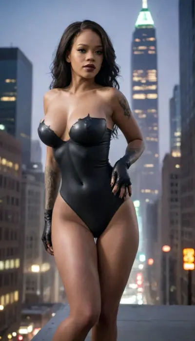 ((((Full frame view of woman show feet, full body visible from toes to head, focus on feet)))), (((100% matching Rihanna face))), toes, open toe high heels, (((Full length professional photography, Full body view of A mesmerizing female 60 years old Venom symbiote with huge boobs and round ass show toes and stunning tattooed long legs))), sculpted with the elegance and allure of a modern-day Aphrodite. Her body is a masterful blend of alien and human, her skin a sleek and shimmering black, adorned with the signature white web-like patterns that dance across her voluptuous curves. Her waist is dramatically thin, accentuating her wide hips and full huge sagging breasts that defy gravity in a tantalizing display of power. Her face is a seductive amalgamation of human and symbiote features, with piercing white eyes and a sinister smile that reveals a massive tongue, unfurled and quivering with anticipation. The tongue extends outwards, a grotesquely fascinating spectacle, reaching almost to her chin, hinting at the creature's insatiable hunger. Her posture is a study in confidence and seduction, one hand resting on her hip while the other is raised, fingers curled as if beckoning the viewer closer. The background is a haze of shadow and neon lights, reminiscent of a bustling city at night, suggesting a world where she is both predator and temptress. Her stance, with one leg bent and her hips pushed out, showcases her form in a pose that is both sexually charged and ready for battle. The symbiote's tendrils sway gently around her, creating an aura of both beauty and menace. She stands on the edge of a skyscraper, the city sprawling below her, as if the world is her playground and she is poised to claim it. The overall effect is a captivating mix of horror and desire, a creature of the night that commands attention and leaves the viewer both intrigued and unsettled., sharp focus, depth of field, 8k photo, HDR, professional lighting, taken with Canon EOS R5, 75mm lens, natural beauty, torn, fly, down, at, _______, round, Symbiote, Suit, <lora:tornclothesv6-8:.7>, <lora:chest_adjust:.7>, <lora:round_breasts-XL-1.0:.6>, <lora:Symbiote Suit:1.2>, <lora:Platform_mules-000009:1.1>