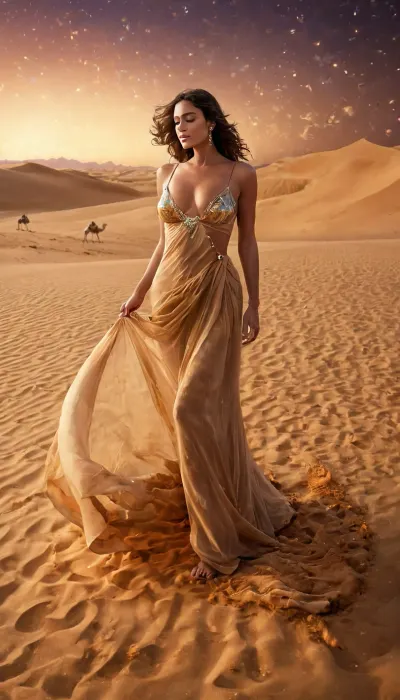 A woman standing in the middle of a vast desert, but the sand beneath her feet shimmers like liquid gold, shifting and rippling as if alive. She wears a flowing, translucent gown that moves like smoke, clinging to her curves one moment and drifting away the next, revealing glimpses of sun-kissed skin. Above her, the sky is an impossible blend of deep purples and electric blues, streaked with floating constellations that pulse like beating hearts. As she takes a step forward, the dunes ripple beneath her, and with a slow, sensual motion, she lifts her arms—causing the stars overhead to swirl in response. Her eyes glow like molten amber, and when she exhales, it’s not breath but a soft, golden mist that rises, twisting into ethereal shapes before vanishing into the cosmic night., (nudity:1.4), (robot camels attack:1.7)