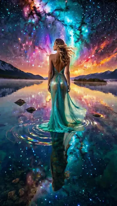 A nude Venus drifts weightlessly atop an endless, shimmering lake that reflects a sky ablaze with swirling galaxies and cascading auroras. Her hair, long and luminous, flows like liquid stardust, intertwining with the constellations above as if she herself is woven from the cosmos. Her barely present transparent gown is made of sheer, iridescent fabric that shifts between the colors of a nebula, its edges dissolving into the air like mist. Around her, towering crystalline structures rise from the water, refracting the vibrant lights of the sky into shifting rainbows that dance across the surface.Floating in the distance, colossal starfish with translucent, glowing bodies pulse gently. A school of luminescent lizards glides effortlessly through the air, their scales reflecting hidden constellations as they weave in and out of invisible currents. The woman's reflection in the water is distorted, shifting between past and future versions of herself, as if time moves differently in this dreamlike realm. The air is filled with a hushed melody, a soundless symphony played by unseen hands, wrapping the entire world in a serene, otherworldly harmony.