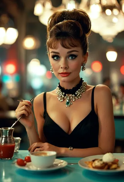 Movie poster for a 1960s SciFi movie version of breakfast at Tiffany's, sexy space prostitute, Holly Golightly, cleavage, sexy legs, huge breasts, <lora:MJ52:.8>