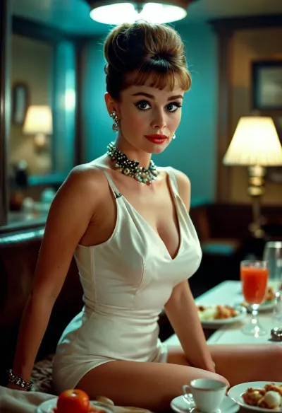 Movie poster for a 1960s SciFi movie version of breakfast at Tiffany's, sexy space prostitute, Holly Golightly, cleavage, sexy legs, huge breasts, <lora:MJ52:.8>