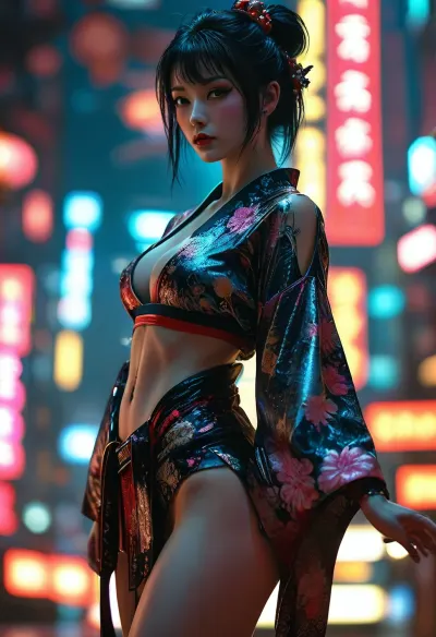 Cyberpunk, Goth emo geisha, bimbo, open kimono, cleavage, sexy legs, huge breasts, uberfit, muscular, athletic, <lora:MJ52:.8>, <lora:uberfit_lora_sdxl:.4>