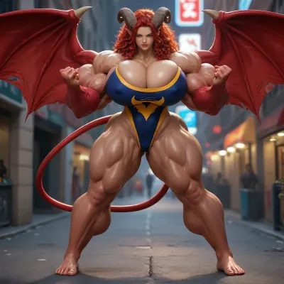 1girl, ultra-realistic, {{{{, (hypermuscles), }}}}, (hyperbreasts), (hypernipples), (hyper-camel-toe), (DC Comic books), Superhero, Superheroine, (standing outside in a nighttime street that has high-tech science fiction buildings with neon lights), (unlimited magical growth and unrealistically distorted body part sizes), (dark red skin), (cascading extremely massive mane of long curly dark crimson red hair), (twelve feet tall), (Tiefling Succubus amazon mini-GTS with gigantic massive colossally muscular hyper-muscles with gigantic colossally muscular huge arm muscles), (wearing a red, orange, yellow, green, blue, and violet colored skintight sexy Superhero costume), (porn star erotic model huge gigantic perky extremely round wide diameter hyper breasts boobs under the superhero costume), (sexy female face), (huge massive thick black spiral-shaped horns on her head), (a very short thick demon tail slightly curving behind her with a spade shaped tip at the end), (pumped-up breasts), (pumped-up muscles), (huge massive colossal gigantic demon wings on her back reaching over halfway to the ground and rising above her head and flaring out to either side of her), (gigantic sized muscular shoulders), (extremely slim waist), (unbelievably long and deep cleavage firmly pressed together), (wide plush hips), (gigantic bubble-butt), (gigantic muscular girl), (include extreme female hyper-muscle growth with supersized biceps and triceps and gigantic muscles bulging and ripping out of her top), (extreme female hyper-breast growth to gigantic colossal perfectly round super-firm breasts firmly thrusting directly straight out from her chest), (her breasts are so firm and rounded that they cover everything from base of her neck down to where they touch the middle of her thighs and stick out to beyond her arms), (extremely long narrow deep cleavage), (both breasts pressed firmly together), (gigantic super-perky nipples tenting the fabric of the costume that covers them by thrusting upward from her breasts), gigantic arms, gigantic legs, (extreme female muscle growth), (each breast's volume is equal twice to the volume of a "yoga-exercise-ball"), Biceps and Triceps volume is equal to twice the volume of a "beach-ball", (Nipple volume is equal to twice the volume of a "litter-soda-bottle"), (Camel-toe volume is equal to twice the volume of a "watermelon"), colossal biceps, (extreme breast growth), (extreme nipple growth), (massively swollen breasts), overfilled breasts, (gigantic prominent noticeably swollen and bulging camel-toe with an extremely long massive slit), (extremely noticeably prominent steroid muscle growth creating gigantic oversized slabs of muscles all over her body), (gigantic prominent black areola bulging out from under each superhero costume covered nipple)
