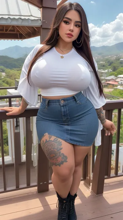 Latina beauty, short, milf, oversized bbw, oversized thick thighs. Oversized wide hips. Wide large ass. Straight long hair. Sleeve tattoo, Mini skirt, tight fitting t-shirt. Standing on a porch, High hills in background.