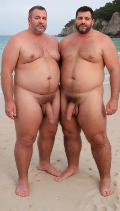Fat, elderly man, with big uncut dramatic penis, full body photoshoot, (obese overweight), very hairy, nude beach, with two friends, (very hairy legs, very hairy body:1.8)