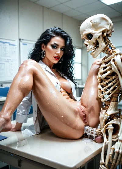 A medical college student from Switzerland, having anal sex with a skeleton, skeleton is a visual aid for students