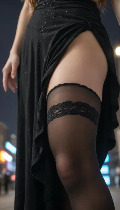 A photo of an athletic girl with long blond hair and brown eyes, dressed in a black dress with a side neckline from the pelvis, decorated with black stockings with patterns. A dress made of soft fabric fits the body, repeating all its shapes. The girl goes to the viewer with a confident and graceful gait, surrounded by a night neon city, where the light from the lanterns creates a bokeh effect. The photo should be taken in a modern cinematic style, with high resolution and clear detail, highlighting a masterpiece and receiving the highest awards, very low angle, Under the dress frame, close-up, Lower body