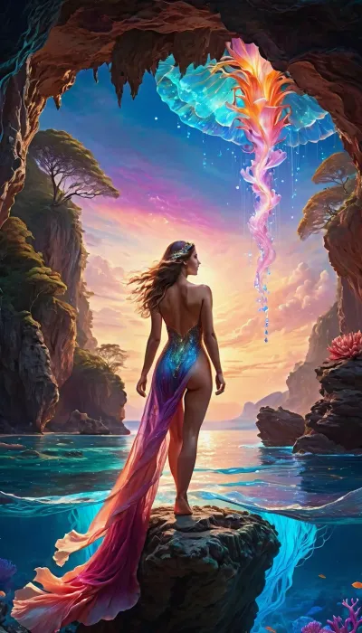 A woman standing atop a floating island of coral and crystal, suspended high above a luminous ocean that stretches into infinity. Her dress, a cascade of iridescent fabric, shifts through hues of electric blue, deep magenta, and fiery gold, catching the light like liquid silk. Bioluminescent vines wrap around her ankles, pulsing softly as if alive, while glowing lotus flowers bloom in midair, their petals drifting lazily like embers in the breeze.
Above her, the sky is an explosion of color—swirling nebulas of violet and teal, streaks of golden lightning flickering through the clouds. Gigantic jellyfish with translucent, rainbow-colored bodies float serenely through the air, their tendrils shimmering like strands of stardust. Below, waterfalls of pure light pour from the edges of the floating islands, cascading down into the glowing ocean, where leviathans of crystal and energy swim in slow, majestic arcs.
She stands at the edge, one foot resting on the very tip of a coral outcrop, her gaze locked onto something unseen beyond the horizon. Her hair, woven with strands of glowing filaments, flows like a living flame in the neon breeze. With a knowing smile, she lifts her hand—and in response, the sky itself ripples, bending and shifting as if waiting for her command., (nudity:1.4)