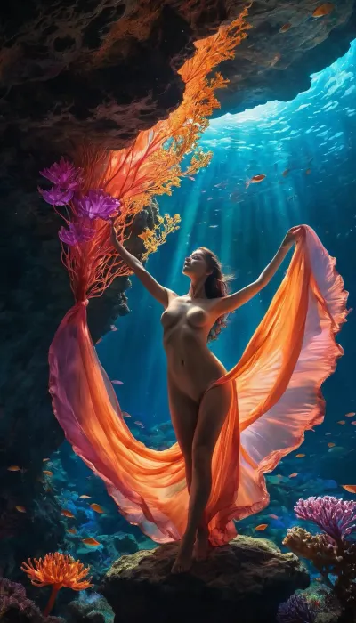 A woman standing atop a floating island of coral and crystal, suspended high above a luminous ocean that stretches into infinity. Her dress, a cascade of iridescent fabric, shifts through hues of electric blue, deep magenta, and fiery gold, catching the light like liquid silk. Bioluminescent vines wrap around her ankles, pulsing softly as if alive, while glowing lotus flowers bloom in midair, their petals drifting lazily like embers in the breeze.
Above her, the sky is an explosion of color—swirling nebulas of violet and teal, streaks of golden lightning flickering through the clouds. Gigantic jellyfish with translucent, rainbow-colored bodies float serenely through the air, their tendrils shimmering like strands of stardust. Below, waterfalls of pure light pour from the edges of the floating islands, cascading down into the glowing ocean, where leviathans of crystal and energy swim in slow, majestic arcs.
She stands at the edge, one foot resting on the very tip of a coral outcrop, her gaze locked onto something unseen beyond the horizon. Her hair, woven with strands of glowing filaments, flows like a living flame in the neon breeze. With a knowing smile, she lifts her hand—and in response, the sky itself ripples, bending and shifting as if waiting for her command., (nudity:1.4), (anime style:1.4)