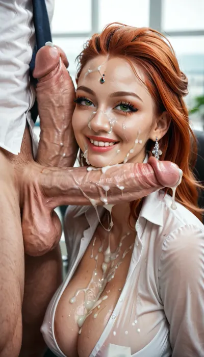 1woman, 2men, redhead very cute tall young adult girl, happy, formal elegant haircut, very big green eyes almond shaped, dark shiny eyes slightly rolling, very long fake eyelashes, dark eyeliners, earrings creoles, she is happy smiling, (smile like she is dreaming slanting her head, flirting), skin imperfrctions, very realistic skin texture, red cheeks, white shirt cleavage, big tits, sweating, (((two penises, white huge natural cock and testicles touching her cheeks, hair, nose, neck and forehead), hand at cock and testicles, cum on tits, cum on face, cum on cleavage)), very detailed realistic highest resolution, view from side, (((view from distance))), in office, breasts, cutout, clothing, nipples, <lora:283625_training_data:1.3>, <lora:2BoutOvalSDXL2-000002:.7>
