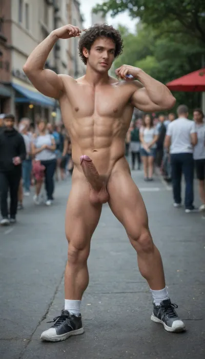 Man, 18 years old, nude, muscular, short hair, sneakers, very big large cock, very big balls, in outside, dancing, maximum detail and repair alistics