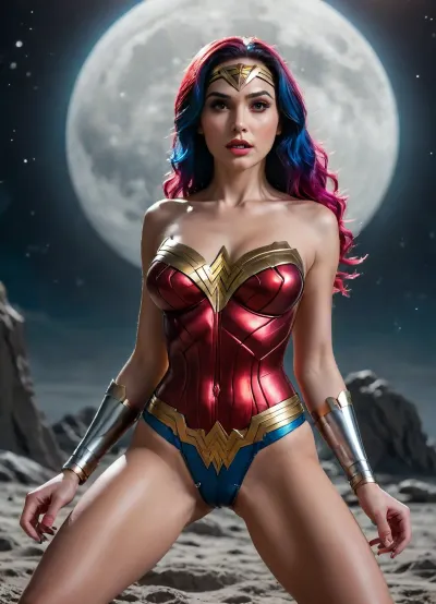 HUD 4k Wonder Woman fuck, colorful hair, perfect fingers, Marvel style, groping her body, on the moon, grabbing big tits, latex, groping vagina, bulge, groped by horny men, micro bikini, <lora:microbikini_sdxl_1:.5>