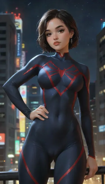 (masterpiece, best quality, absurdres), 1girl, solo, cowboy shot, sw2099, red eyes, young dark-skinned supermodel female, looking at viewer, hands on hips, glowing, skimpy intricate spiderman leotard bodysuit, hourglass body, muscular, outdoors, New York city Time Square below, night, on rooftop, highlydetailedbody, realisticface, highlydetailedhair, insanelydetailed, 8K.highdetailedskin, highresolution, perfectfingers, (j_cartoon:1.5), Drawing., tyxla, <lora:tyla_juggerX_xl_1_st_wocap-tyxla-000086:1>, spiderman, ps4, spider, web, printing, red, bodysuit, <lora:d0429b4d-4b02-4aad-b9e8-d20d30298f9f (1):.5>, <lora:samdoesarts1.1-000030:.4>, <lora:J_cartoon:.3>, <lora:Animated_Concept:.4>