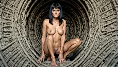 On a space mining ship, a 68-year-old mature woman walks in the ship's passageways. She has large saggy breasts with stretch marks as well as quite prominent vaginal lips .A lot ofexcessive flowing of cum on pussy. From her vagina a liquid flows that appears to be semen. She looks cheekily at the camera. She has bobbed black hair and perfect legs. She is 68 years old. The general atmosphere is quite mysterious. It's a little reminiscent of the Alien or Dunes movie., giger, tribals, sigilism, y4nn, HRGigerAI, .By Hans Ruedi Giger and Ferdinand Hodler, <lora:v4_CYBERGOTHIC:.7>, <lora:y4nn:.6>, <lora:HRGigerAIp:.4>