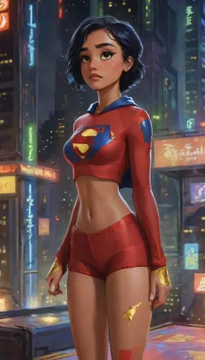 (masterpiece, best quality, absurdres, perfect anatomy), 1girl, solo, cowboy shot, platinum blonde hair, bright glowing green eyes, young dark-skinned supermodel female, looking at viewer, hands on hips, glowing, intricate Supergirl red blue gold street fashion outfit cropped hoodie and tight booty shorts knee high socks converse, muscular body, athletic body, voluptuous body, skinny body, thin body, hourglass body, thick body, washboard abs, outdoors, flying hovering posing above a Futuristic Cyberpunk Metropolis City The Daily Planet Building below, night, on rooftop, submissive expression, horny expression, highlydetailedbody, realisticface, highlydetailedhair, insanelydetailed, 8K.highdetailedskin, highresolution, perfectfingers, (j_cartoon:1.5), Drawing., tyxla, <lora:tyla_juggerX_xl_1_st_wocap-tyxla-000086:1>, DCEU, Supergirl, <lora:Supergirl:.2>, <lora:samdoesarts1.1-000030:.4>, <lora:J_cartoon:.3>, <lora:Animated_Concept:.4>