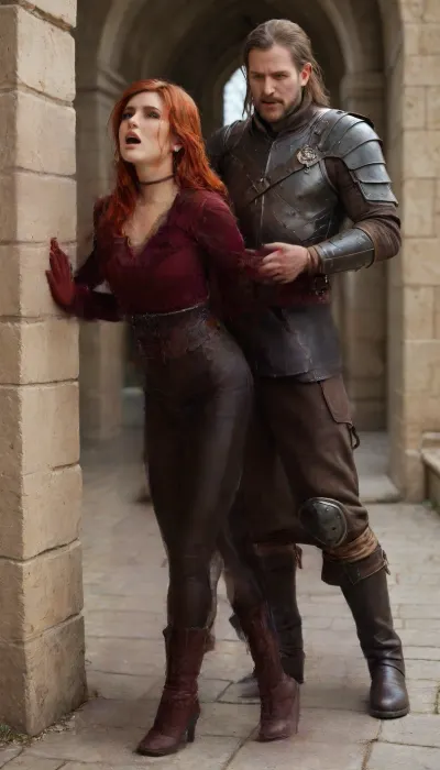 perfect tits, perfect sceen, fancy, brown leather corset with intricate gold embroidery that shows off her curves and ample chest. The corset is cinched with a wide, teal belt, and she's got long, dark red gloves that reach her elbows. Her sleeves are puffed and decorated with gold trim, adding to her regal vibe. A simple, black choker necklace with a small, ornate pendant hangs around her neck, tight black leather pants, brown boots. long red hair