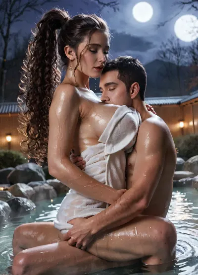 (masterpiece, best quality, photorealistic), (Dutch woman, Zoë, 25 years old:1.4), voluptuous, large breasts, high ponytail, very long curly hair, naked towel, (sex, reverse upright straddle:1.3), sitting, submerged, wet, (Moonlight:1.5), onsen, night, captured with a Leica M10, Leica Summilux 50mm f/1.4 lens, sharp focus, high-resolution, 8K, UHD, ultra-detailed textures, realistic skin pores, individual hair strands, professional photography, full, range, deep contrast, high clarity, natural reflections, hyperrealistic lighting, smooth gradients, soft shadows, HDR, color-graded
