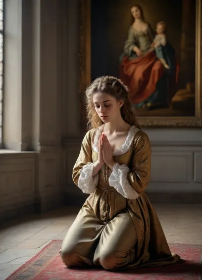 (((in the style of a baroque painting))), young woman on her knees praying, eye contact with the viewer, guilty expression on her face, shame, guilt, penance, prayer, praying, kneeling, submissive, beautiful, gorgeous, 1600s, year 1600, in a castle, tapestries, dawn light through window, golden hour