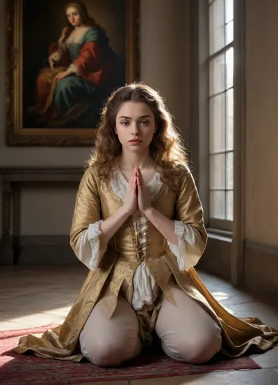 (((in the style of a baroque painting))), young woman on her knees praying, eye contact with the viewer, guilty expression on her face, shame, guilt, penance, prayer, praying, kneeling, submissive, beautiful, gorgeous, 1600s, year 1600, in a castle, tapestries, dawn light through window, golden hour