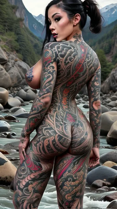 woman, front view, full figure, very high heels, huge ttattooz everywhere on her skin at the mountains river, huge tattoo tattooz, tattooed girl, skinny, small round tattoed breasts, tiny skinny little waist, big thick perfect round tattooed ass, tttattoo, <lora:Tattoos_and_Body_Art_ttattooz_V1.1:.5>, <lora:tttattoo by AIKIM2000:.7>