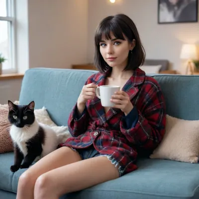 full-length panorama on the lower level of the foreground, wrapped in a plaid plaid, she sits on the couch next to a fluffy kitten and drinks coffee, front view, cozy bedroom, black bob haircut, straight bangs and blue eyes, tanned cutie