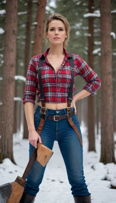 Sexy female lumberjack, flannel shirt unbuttoned, suspenders, denim jeans, work pants, large breasts, no bra, big titties, snow, Forest, trees, snowing, snowy, cold, butch, muscular, fit, athletic, holding an ax, holding an axe, dyke, lesbian, tough, strong
