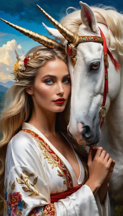 ((At the hills to paradise, located in a blue sky with white and foggy clouds)), there is a beautiful gypsy princess hugs angelic unicorn, her complexion deep and white, her tresses and hair radiant blonde. She is attired in a pristine white kimono cinched with a matching sash, her features characterized by a narrow visage and a hairstyle in the shape of devil horns. She hugs a unicorn with a rainbow colored mane.

Her stance is tall and otherworldly, her gaze large and smoldering. Her smile is intricate, embellished with intricate details. The artwork is rendered in shimmering hues, vivid and alluring. The composition is centered on her form, viewed from below.

This artwork exudes a dark fantasy aesthetic, blending opposing shades of black and white. Yellow and scarlet eyes add depth, accompanied by the application of crimson lipstick. Warm tones are conveyed through swirling streams of ink, creating a hypnotic effect.

Acrylic calligraphy and watercolor techniques seamlessly merge into this maximalist masterpiece. Gouache fluidity enhances the level of detail, while the golden hour light contributes to a hyperrealistic impression. This artwork is meticulously crafted, with each element executed with precision.

Upon closer inspection, it becomes apparent that the gender of the figure is ambiguous. The scale of the artwork is set at 64.