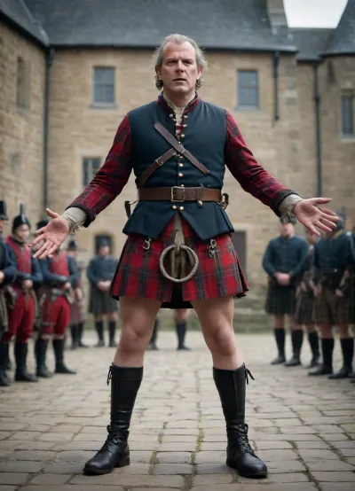 Full frame. Medieval English square James MacPherson is a 45-year-old Scottish man, dressed in a national tartan, arms outstretched and shackled. My legs are shackled. With his head held high, he goes to the gallows platform. English guards of the 18th century in the background