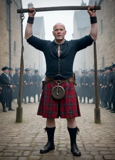 Full frame. Medieval English Square James MacPherson is a 45-year-old Scot dressed in the national tartan, with his arms outstretched, ankles shackled in heavy 18th-century shackles, with his head held high, he walks towards the gallows. In the background, 18th-century English guards are armed and ready for battle.