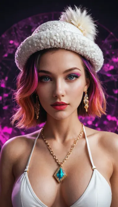 neonpunk style, (Overprocessed Painting:1.3), of, (Illustration:1.3), (Romantic:1.3), polygon, interconnected regions, Ebony, Emerald, Sapphire, Gold, Silver, Bronze, Topas, Mosaic, Animal, Flower, Ring, Object, Frame, wool, embroidery, White Parchment, Animal skin prepared for writing, often bleached for a whiter appearance., Amulets and Talismans, Jewelry pieces believed to provide protection or bring good luck., Whispering Crystals, Crystals that emit faint, ethereal whispers when held or touched., Jazz Dance Hat, A stylish hat worn by jazz dancers, adding flair to their performances., Precious Stone Amulet, An amulet made from a single, polished precious stone, believed to have protective properties., Ornate Astrolabe, A complex device used by astronomers and navigators to measure the altitude of celestial bodies., Coastal Cliffs, High, steep rock faces along the coast., (by Artist Roy Lichtenstein:1.3), (Abstract Illusionism:1.3), (Kinemacolor:1.3), cyberpunk, vaporwave, neon, vibes, vibrant, stunningly beautiful, crisp, detailed, sleek, ultramodern, magenta highlights, dark purple shadows, high contrast, cinematic, ultra detailed, intricate, professional
