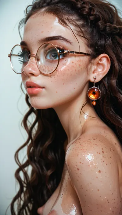 young beautiful Jewish girl 18 yo, freckles on face, big space eyes, long tall hair, big long eyelashes, moles freckles spots all over body, puffy nipples, pretty face, simple makeup, big thin round glasses, big round eyes, top view, side view, shiny shiny boobs
