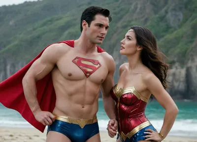 Superman and Wonder Woman, sex, 金鋼狼+神力女超人, microbikini, amateuranal, missionaryanal, <lora:amateuranal:.5>