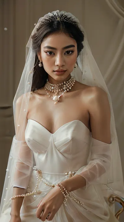 This image presents a portrait of a sensual, beautiful asian/mexican 20 something woman with an elegant and sophisticated clothing style in sheer materiel, with a clear inspiration in haute couture fashion and vintage aesthetics. His face is partially covered by a white mesh veil adorned with hanging pearls, which gives her an ethereal and majestic air.

Details, • Pearl veil, The most striking piece of the image is the net-type veil that covers her face. It is composed of a mesh of intertwined white threads, with small pearls in the knots and larger hanging pearls. This accessory creates a sense of mysticism and luxury, evoking an image of royalty or a modern bride with a dramatic touch.

• Expression and look, The woman has an enigmatic expression with an intense sexual energy look, enhanced by a sophisticated makeup. Her eyes are outlined with dark tones and her skin looks flawless with a natural glow.

• Jewelry and accessories, • Wear a pearl choker with a large central pearl ornament framed in golden metal, which reinforces the luxurious aesthetic.

• Her earrings combine with the veil, with pearls of different sizes that hang in cascade.

• It also wears a white lace glove, a classic accessory that adds more elegance and further refines your style.

• Hairstyle and background, Your hair seems to be gathered or combed neatly so as not to take away the prominence of the accessories. The background is neutral and blurred, which helps to focus all the attention on it.

Conclusion, The image conveys a feeling of luxury, sophistication and an air of mystery. Its styling recalls a combination of bridal fashion and haute couture with baroque elements. It is a powerful image that evokes timeless elegance and exclusivity.