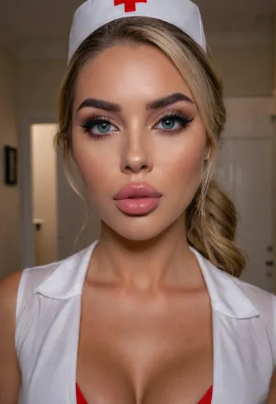 woman, (sexy nurse, sexy nurse outfit, nurse outfit:1.6), (soft focus), (ultra realistic, realistic, photorealistic, photo realistic, photorealism, photo realism), (maximum quality, ultra-detailed, insanely detailed, highly detailed, high quality, uncompressed, raw source photograph), (highly detailed eyes, high resolution eyes, high quality eyes, highly detailed skin, detailed skin texture, highly detailed hair), (same color eyes, symmetric eyes, matching eyes, detailed eyes, detailed iris, detailed pupils, limbal ring around iris, perfectly round iris, perfectly round pupils), (striking eyes, captivating eyes, mesmerizing eyes, glittering eyes, foxy eyes), (stylish glasses with thin frames:1.2), (highly detailed skin, detailed skin texture, highly detailed hair), (bleach blond hair with dark roots and pink highlights), (wide eyes, doe eyes), (bimbo makeup, heavy makeup, heavy eyeliner, fake eyelashes, bimbo lips, overfilled lips, filled lips, puffy lips, duck lips, glossy lips, her thick wet lips are slightly parted), (bubblegum bimbo, huge bimbo tits, huge fake tits), (wearing a tight top stretched over her massive fake tits, her tits are so huge they're about to burst out of her top, her top is stretched to the limit), ziprealism, bmbplora, <lora:bimboxl_02:.5>, blue eyes, perfecteyes, <lora:PerfectEyesXL:.4>