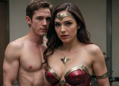 The Flash man and Wonder Woman, sex, breastclamp, <lora:breastclamp_SDXL_reg0_03s:.5>, 閃電俠 神力女超人