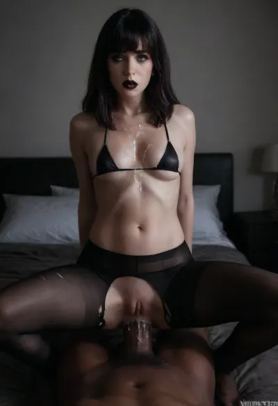 1 African man, 1 pale clothed mature woman kneeling, dimly lit, (((UHD 8K, masterpiece, best quality, maximum details, extreme realism, cinematic still))), (in bedroom), (((black mini bikini)), ((ripped pantyhose)), (black lipstick and mascara)), (((((black hair and bangs))))), bangs haircut, ((tiny breasts), cleavage), ((sagging)), ((hands behind back)), (huge cock:1.8), (cowgirl anal sex:2.5), (cum on cleavage:1.9), (vaginal creampie:2), close-up, (((pov))), sagging, breasts, <lora:sagging-000015:.55>, r3tro_cumshotz, cum, dripping, thick, white, retro, cumshots, <lora:r3tro_cumshotz  SDXL Lora:.6>, <lora:dark:.3>, raw, lighting, overexposed, harsh, <lora:Rawfully Stylish v0.2_epoch_20:.4>