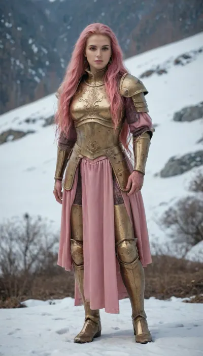 a French female warrior from the 1400s, beautiful, 7 feet tall, Very robust and muscular, body builder, ((full gold plate armor)), ((((very very long pink hair)))), full figure, snow mountain background, hhpointedboots, boots, big, hair, <lora:993503_training_data:1.3>, <lora:xl_big_hair-1.0:.5>, medieval, armour, <lora:566250_training_data:.5>